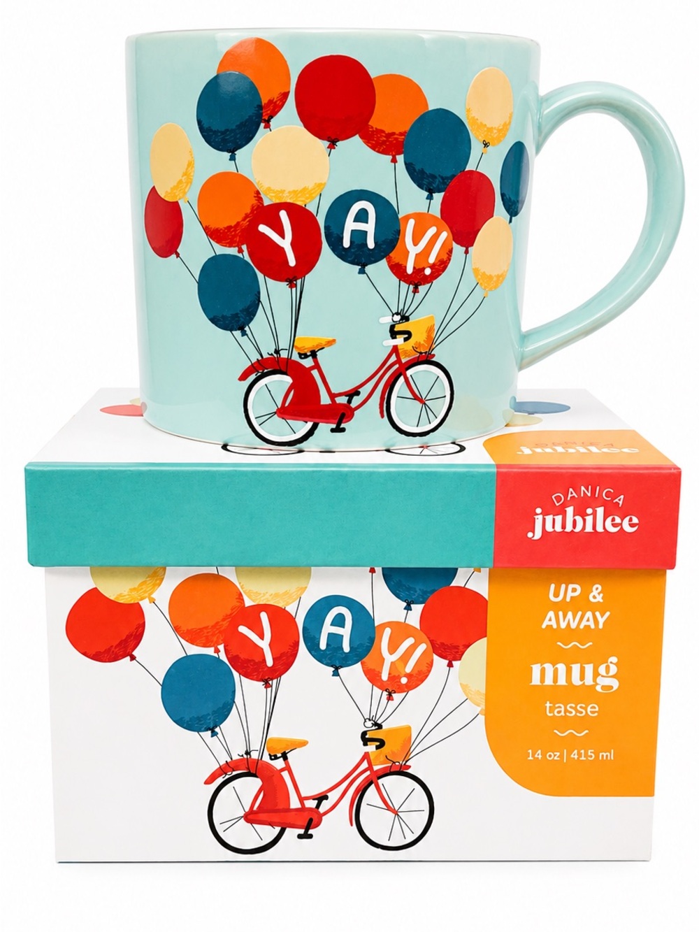 Danica Jubilee Up & Away "YAY!" Bicycle Balloons 14 oz Stoneware Mug in Box NIB
